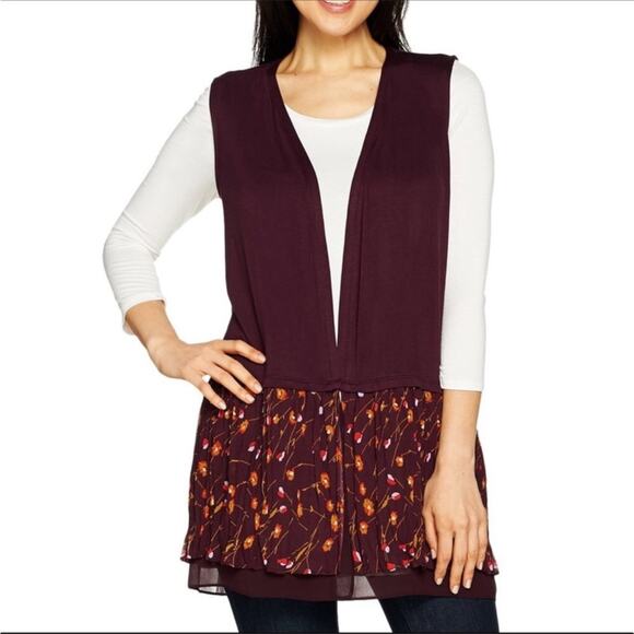 Logo by Lori Goldstein Open Front Floral Pleat Accent Vest - Picture 1 of 13